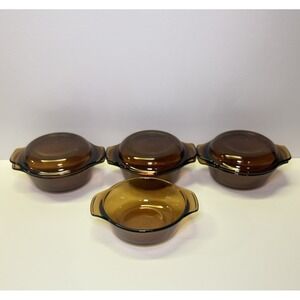 Set of 4 Vintage Anchor Hocking 472 Amber Brown‎ with LIDS Small Covered Dish